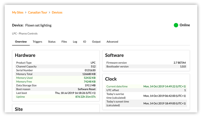 Screenshot of the Overview page for a Pharos LPC on SixEye